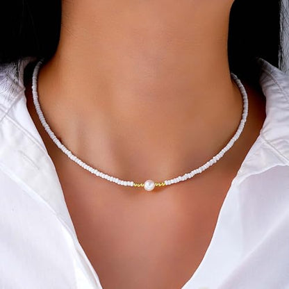 Andelaisi Boho Seed Bead Necklace Vintage Rice Bead Chain Necklace Tiny Ball Chain Choker Single Pearl Collar Hawaiian Beach Collarbone for Women (White)
