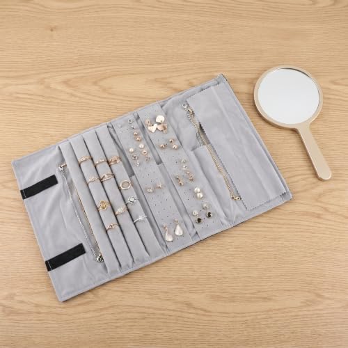 Vaguelly Velvet with Structure and Rollup Roll Multiple Compartments Independent Jewelry Organizer Portable Bag for Necklaces Earrings Travel for Business Trips and Weekend
