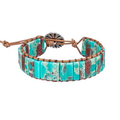 Plumiss Women Boho Handmade Natural Stone Crystal Leather Bead Wrap Bracelets Collection - style: Blue Agalmatolite 1W