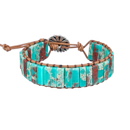 Plumiss Women Boho Handmade Natural Stone Crystal Leather Bead Wrap Bracelets Collection - style: Blue Agalmatolite 1W