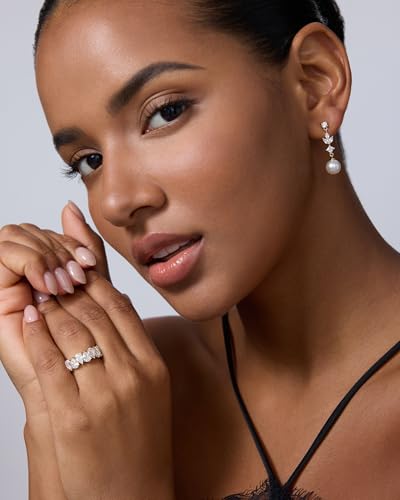 PAVOI 14K Gold Plated Cubic Zirconia Dangle Earrings for Women - Crystal Long Linear Bridal Drop Earrings - Cluster CZ Pearl Simulated Diamond Drop Dangle Wedding Jewelry for Brides & Bridesmaid - style: Pearl