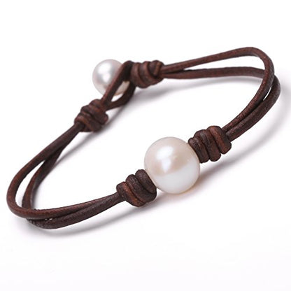 Single Cultured Freshwater Pearl Bracelet Handmade Leather Pearl Jewelry for Women 7'' - style: 7'' Brown