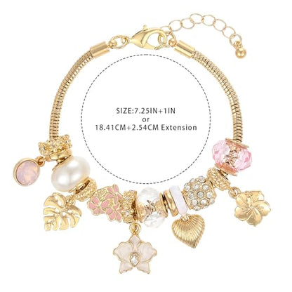 Charm Bracelet Gold Bracelets for Women Gifts | LOVE Heart Hollow Flower Bow Pink Green Square Gemstone Beaded Charm Bracelet Cute Adjustable Bracelet Jewelry - style: Hibiscus Flower