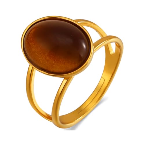 Tiger Eye Ring for Women, 18K Gold Plated Stainless Steel Signet Rings Non Tarnish Statement Jewelry Birthday Gifts