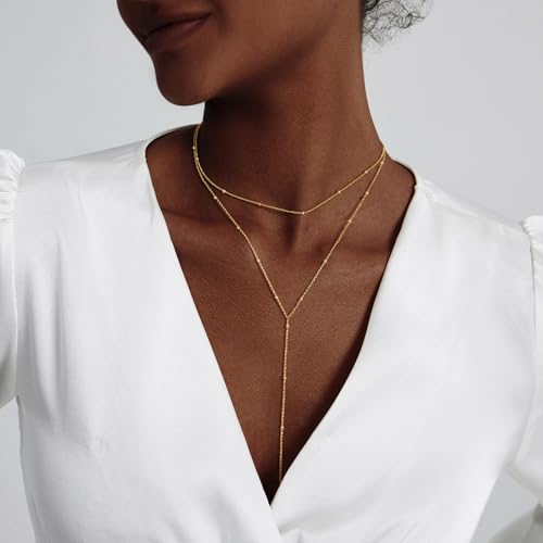Luxval Lariat Gold Necklace for Women, Dainty Long Necklace 14k Gold Plated/Silver Y-Shaped Pendant Necklaces Trendy Beaded Chain Drop Necklaces Jewelry for Women Gifts - color: Gold-Y Satellite