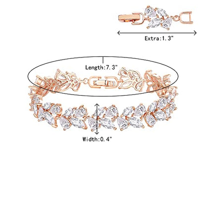 Crysdue Marquise Teardrop Cubic Zirconia Wedding Bridal & Prom Tennis Bracelets for Brides Bridesmaids, Silver/Gold/Rose Gold Plated Bracelet Gifts for Women - style: B_Rose Gold Tone 7.3-8.6"