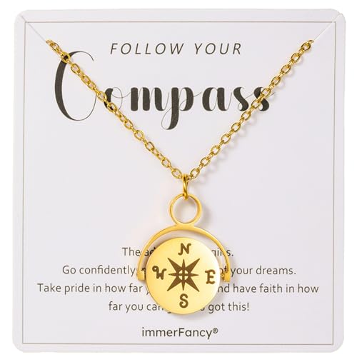Gold Compass Charm Necklace for Women, Trendy Simple Dainty Inspirational Compass Butterfly Bow Knot Red Christmas Mug Sun Friendship Necklaces Graduation Gifts - style: Compass-B