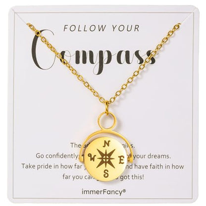 Gold Compass Charm Necklace for Women, Trendy Simple Dainty Inspirational Compass Butterfly Bow Knot Red Christmas Mug Sun Friendship Necklaces Graduation Gifts - style: Compass-B