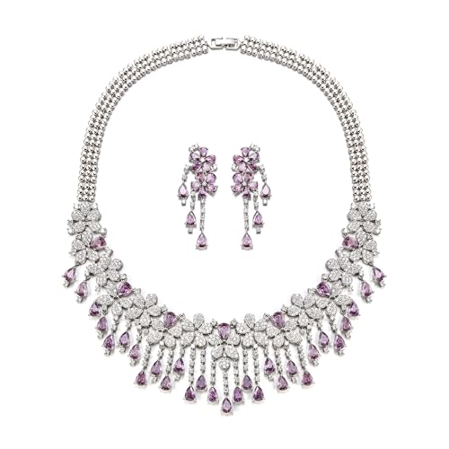 EVER FAITH Bridal Jewelry for Bride Bridesmaid, Elegant Cubic Zirconia Birthstone Cluster Flower Teardrop Wedding Party Necklace Dangle Earrings Sets for Women - color: Purple