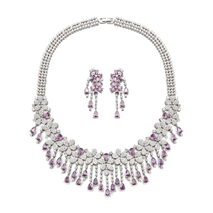 EVER FAITH Bridal Jewelry for Bride Bridesmaid, Elegant Cubic Zirconia Birthstone Cluster Flower Teardrop Wedding Party Necklace Dangle Earrings Sets for Women - color: Purple