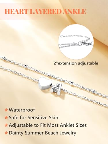 Ankle Bracelets for Women Waterproof Silver Initial Anklet for Women Dainty Layered Letter H Heart Ankle Bracelets Handmade Adjustable Foot Chain Stainless Steel Anklet Summer Beach Jewelry