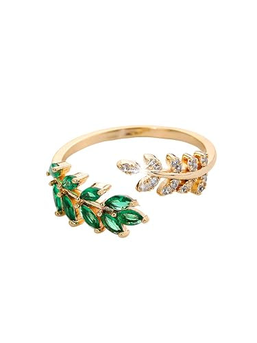 Adjustable Open Leaf & Vine Ring with Gemstone & Diamond | Cuff Deco Ring for Women Men | Adjustable Cuff Vine Leaf Deco Rings - color: Gold Green