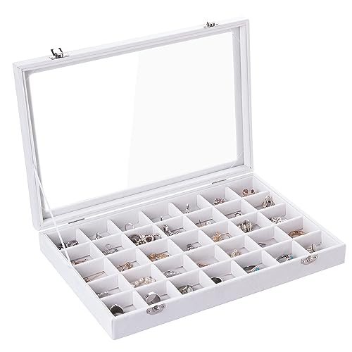 Frebeauty 35 Grid Earring Organizer,Velvet Jewelry Tray with Clear Lid | Drawer Jewelry Organizer for Rings Studs Beads,Adjustable Dividers,Dustproof Design,Earring Storage,Trinket Box,13.8×9.5Inch - color: White, size: 35 Grid