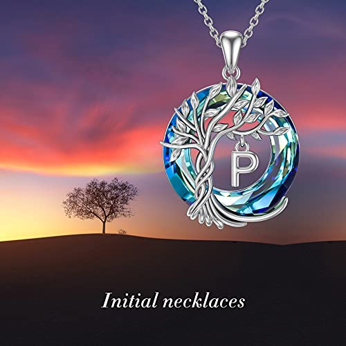 TOUPOP Gifts for Women Tree of Life Initial Necklace 925 Sterling Silver Letter Pendant with Blue Crystal Birthday Jewelry Gifts for Women Her Mom Wife Daughter - color: Tree of Life P Initial