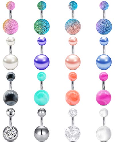 Longita Belly Button Rings Short Bar for Women Stainless Steel Belly Ring Navel Piercing Jewelry 14g Colorful Ball Pack 6mm 1/4” 8mm 5/16“ 10mm - color: B2 - silver- 1/4"(6mm)