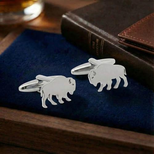 Men’s American Bison Cufflinks – Stainless Steel Wildlife-Themed Cuff Links with Gift Box & Polishing Cloth – Available in Silver & Gold