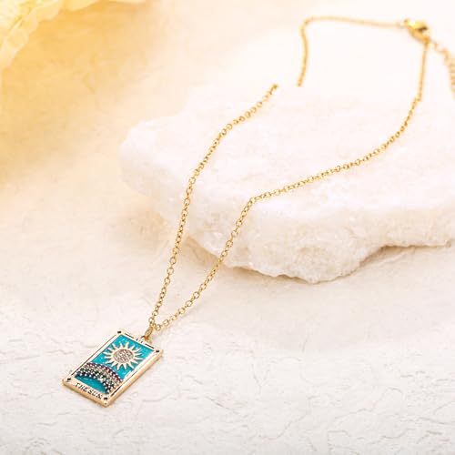 LUREME Punk Tarot Necklace - Gold Rectangle Pendant with Strass Zircon Sun/Moon/Star Design for Women (nl006354) - color: Multi Sun
