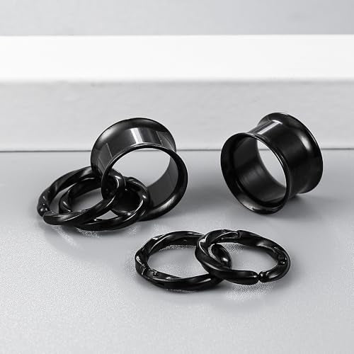 1 Pair Basic gauges+2 twisty rings Ear Tunnels Plugs 316 Stainless Steel Ear Gauges Weight Saddle Plugs Hypoallergenic expander Piercing Body Jewelry 00g 0g-1'' - color: Twisty-Black, size: 19 mm
