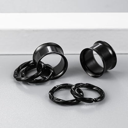 1 Pair Basic gauges+2 twisty rings Ear Tunnels Plugs 316 Stainless Steel Ear Gauges Weight Saddle Plugs Hypoallergenic expander Piercing Body Jewelry 00g 0g-1'' - color: Twisty-Black, size: 19 mm