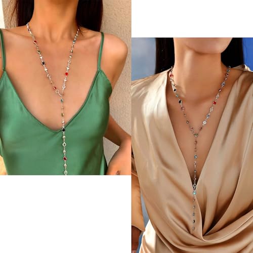 Colorful Rhinestone Y Chain Necklace Gold Long Crystal Y Lariat Necklace Rainbow Rhinestone Choker Necklaces Sparkly Long CZ Drop Chain Jewelry for Women - color: Silver
