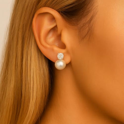 Pearl Clip on Earrings for Women - 14K Gold Silver Plated Cubic Zirconia Non Pierced Ear Clips Jewelry Gifts for Wedding Bridal Party Gifts - color: Silver-12mm