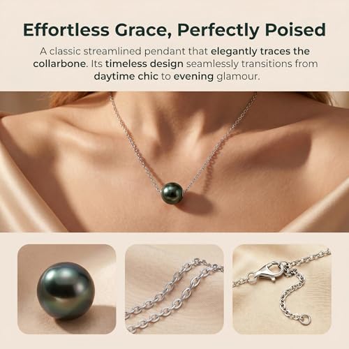 Genuine Tahitian Black Pearl Necklace for Women, 9-12mm AAAAA Handpicked Natural Black Pearl Pendant with 18K White Gold Plated Sterling Silver Chain, Luxury Jewelry Birthday Gifts for Wife, Women, Mother, Girlfriend, Anniversary, Valentines, Mothers Day