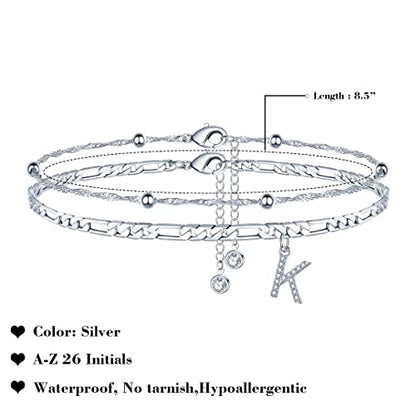 Ankle Bracelets for Women, 14K Gold Plated Dainty Layered Chain CZ Initial Anklets Summer Jewelry Gifts for Women - style: K-Silver