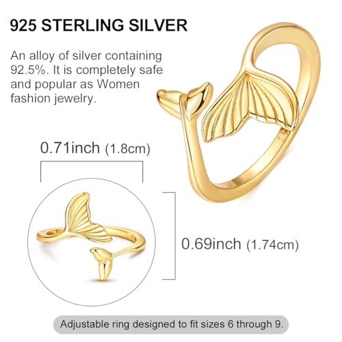 925 Sterling Silver Adjustable Rings for Women 14K Gold Plated Thumb Rings | Stackable Statement Eternity Rings Dainty Starfish Star Moon Heart Lucky Open Ring Trendy Jewelry Birthday Gifts for Ladies - color: Gold Fish Tail Ring
