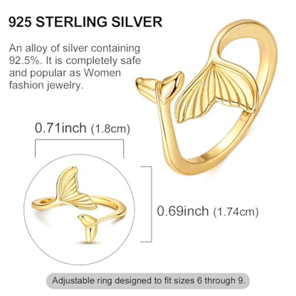 925 Sterling Silver Adjustable Rings for Women 14K Gold Plated Thumb Rings | Stackable Statement Eternity Rings Dainty Starfish Star Moon Heart Lucky Open Ring Trendy Jewelry Birthday Gifts for Ladies - color: Gold Fish Tail Ring