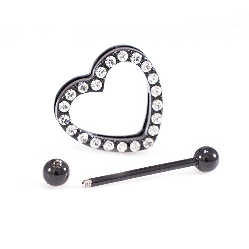 14G Stainless Steel CZ Paved Heart Nipple Rings Nipple Piercing Jewelry for Women 7/8 Inch 22mm - color: Black IP