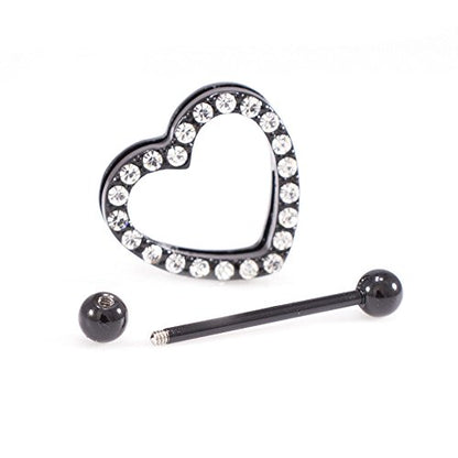 14G Stainless Steel CZ Paved Heart Nipple Rings Nipple Piercing Jewelry for Women 7/8 Inch 22mm - color: Black IP