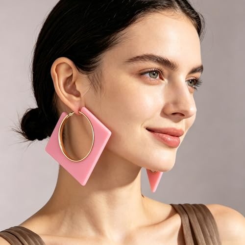 Colorful Large Hoop Earrings for Women Big Square Hollow Hoops Dangle Earrings Trendy Chunky Geometric Square Earring 80s 90s Neon Hoop Dangle Earrings - color: pink