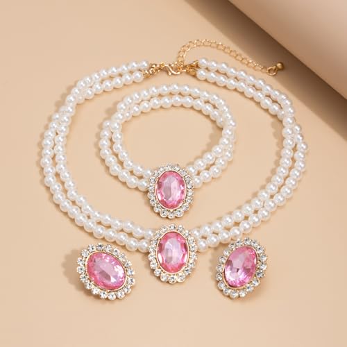 3Pcs Dainty Elegant Imitation Pearl Beaded Choker Necklace Bracelets Earrings Set Handmade Adjustable Faux Pearl Necklace for Women Bridal Wedding Party Prom Birthday Valentine Jewelry Gifts - color: C pink