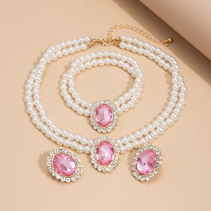 3Pcs Dainty Elegant Imitation Pearl Beaded Choker Necklace Bracelets Earrings Set Handmade Adjustable Faux Pearl Necklace for Women Bridal Wedding Party Prom Birthday Valentine Jewelry Gifts - color: C pink