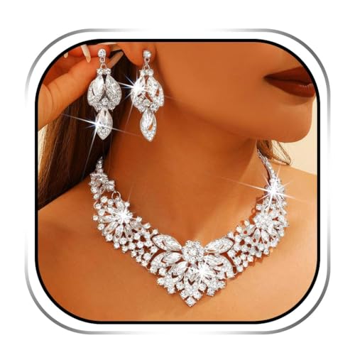 Yonamix Gold Jewelry Set Wedding Rhinestone Necklace Sets for Women | Formal Prom Dinner Party Gala Night Crystal Flower Necklaces Earrings - color: B Silver