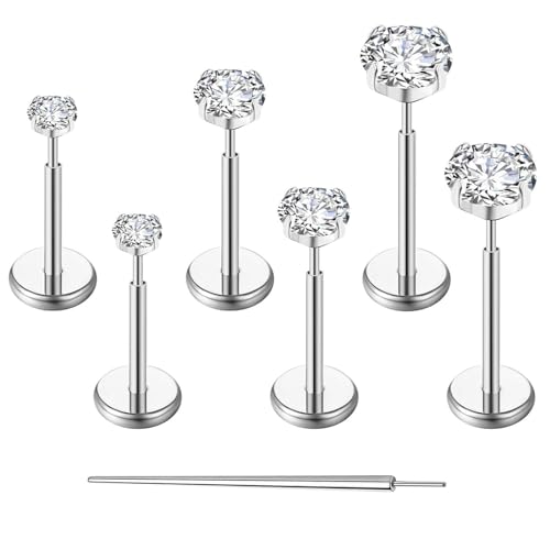 Gotumo 20G Flat Back Earrings Stud G23 Titanium Threadless Tragus Labret Cartilage Lip Medusa Conch Body Piercing Jewelry Hypoallergenic for Women Men - color: Silver 16G Bar-6/7/8mm&CZ-2/3/4mm