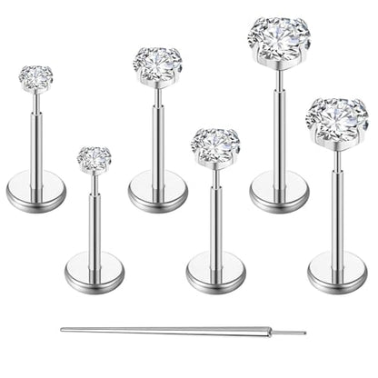 Gotumo 20G Flat Back Earrings Stud G23 Titanium Threadless Tragus Labret Cartilage Lip Medusa Conch Body Piercing Jewelry Hypoallergenic for Women Men - color: Silver 16G Bar-6/7/8mm&CZ-2/3/4mm