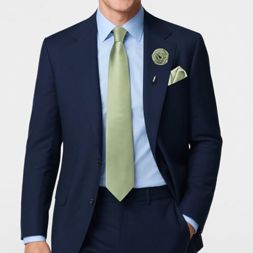 Solid Color Tie and Pocket Square with Tie Clip Lapel Pin Silk Formal Necktie Set Wedding Formal - color: Sage Green