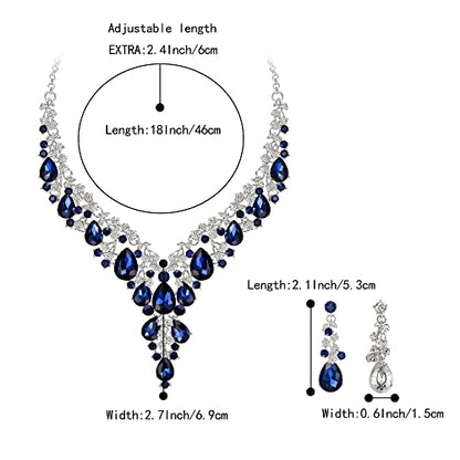 BriLove Women's Wedding Bridal Austrian Crystal Teardrop Flower Cluster Statement Necklace Dangle Earrings Jewelry Set for Party Prom - color: 2Pcs-Sapphire Color Silver-Tone