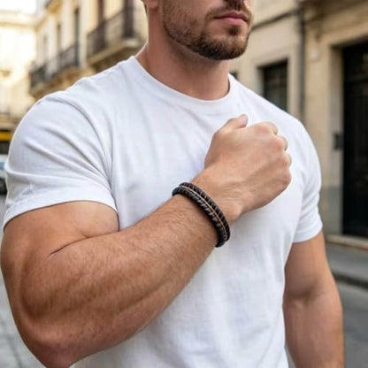 Men's Leather Bracelet, Stackable Stainless Steel Clasp Bracelets for Men Stylish Birthday, Thanksgiving, Valentine's Day Gift for My Man (8.4" Orange and Black) | Men's Accessory, Leather Band, Stainless Steel, Wrist Bracelet
