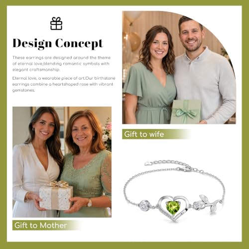1CT Rose Heart Birthstone Bracelet for Women Love Gift - style: Aug Olive Silver