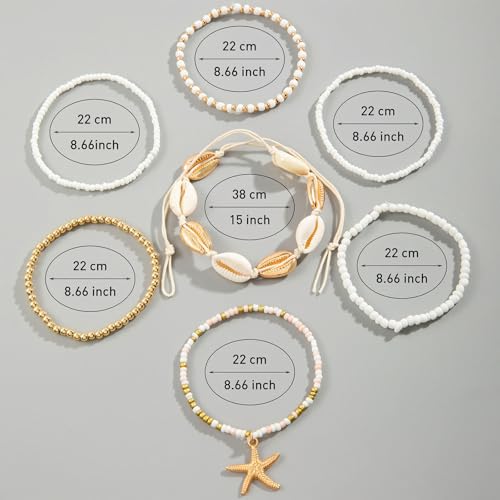 Qceasiy Starfish Ankle Bracelets for Women, Boho Beaded Beach Anklets Set | Gold-plated layered anklets in seashell, disc, and conch styles, with stretch or adjustable fits for summer beach outfits. - color: Gold 4