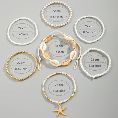 Qceasiy Starfish Ankle Bracelets for Women, Boho Beaded Beach Anklets Set | Gold-plated layered anklets in seashell, disc, and conch styles, with stretch or adjustable fits for summer beach outfits. - color: Gold 4