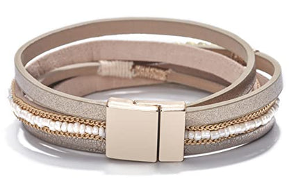 Fesciory Leather Wrap Bracelets for Women, Boho Western Layered Jewelry | Layered leather cuff bracelets, Easy on and off, Boho western style, Daily wear, Gift for women - color: Khaki 1