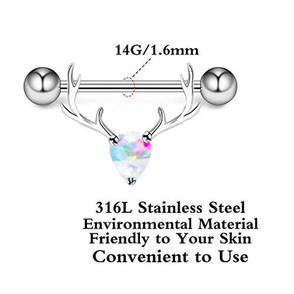 2PCS 14G 316L Stainless Steel Opal Nipple Rings Deer Head Nipple Barbell Nipple Piercings Jewelry for Women - color: silver