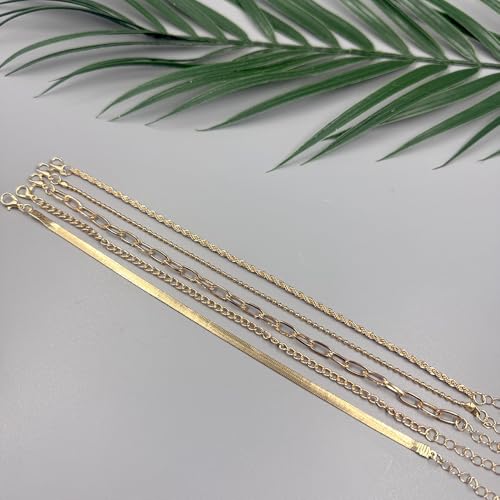 Adjustable Waterproof Layered Bracelets for Women Summer Beach Cuban Link Chain Anklets Set Herringbone Paperclip Beaded Snake Chain Stackable Anklet Stainless Steel Jewelry Bracelet - color: 5PCS-Gold