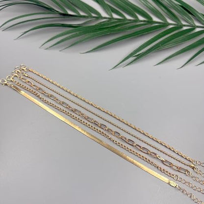 Adjustable Waterproof Layered Bracelets for Women Summer Beach Cuban Link Chain Anklets Set Herringbone Paperclip Beaded Snake Chain Stackable Anklet Stainless Steel Jewelry Bracelet - color: 5PCS-Gold