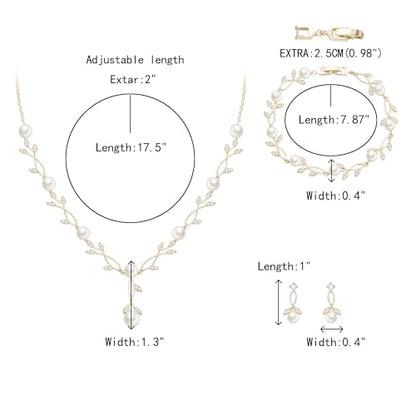 Crysdue Wedding Jewelry Set for Brides Bridesmaid, Cubic Zirconia Teardrop Marquise Leaf Cluster Pendant Necklace Bridal Tennis Bracelet Drop Earrings for Women Party Prom - style: B- Pearl set- gold