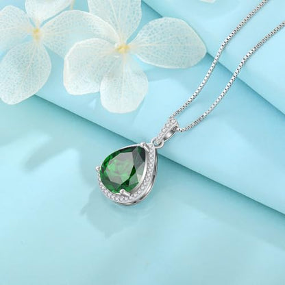 FJ Teardrop Pendant Necklace 925 Sterling Silver Birthstone Jewelry for Women - color: 05 May-Emerald