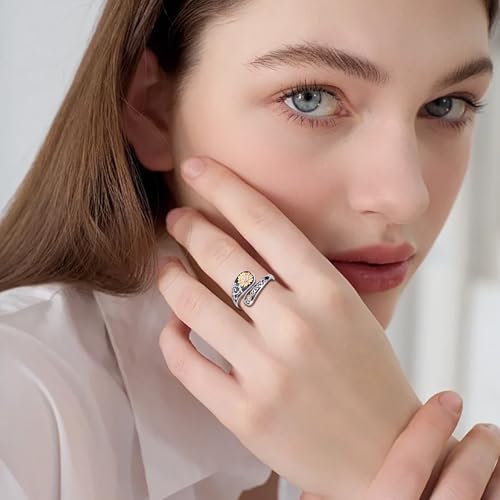 FLYOW Sterling Silver Sunflower Spoon Ring Victorian Style Boho Antique Flower Adjustable Open Ring Retro Statement Cubic Zirconial/Turquoise/Oxidized Thumb Rings for Women Birthday Christmas Jewelry - style: Cubic Zirconial-7